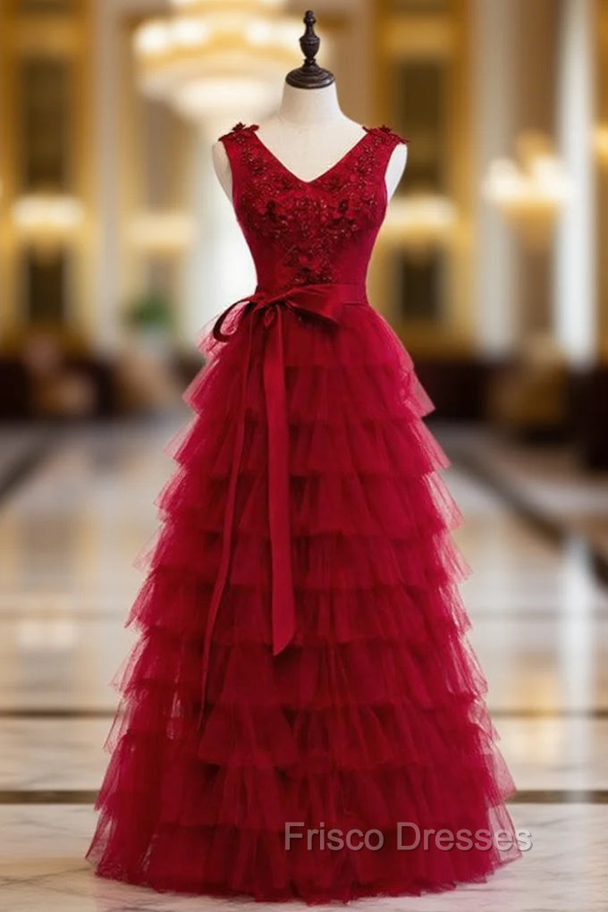 A-Line Burgundy Tulle Tiers Appliques Beading Formal Prom Dress Main image
