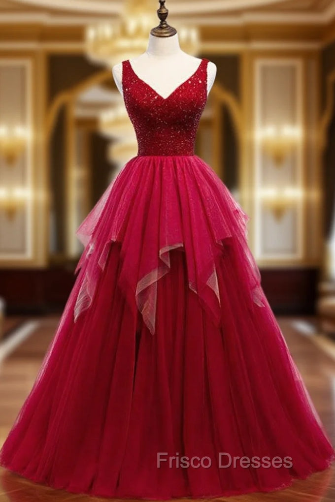 A-Line Burgundy Tulle V-neck Backless Beading Formal Prom Dress Main image