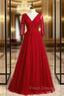 A-Line Burgundy Tulle V-neck Short Sleeve Beading Formal Prom Dress