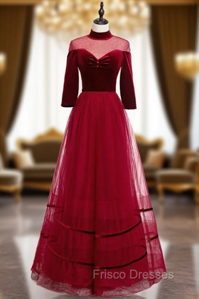 A-Line Burgundy Tulle Velvet High Neck Long Sleeve Formal Prom Dress