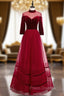 A-Line Burgundy Tulle Velvet High Neck Long Sleeve Formal Prom Dress