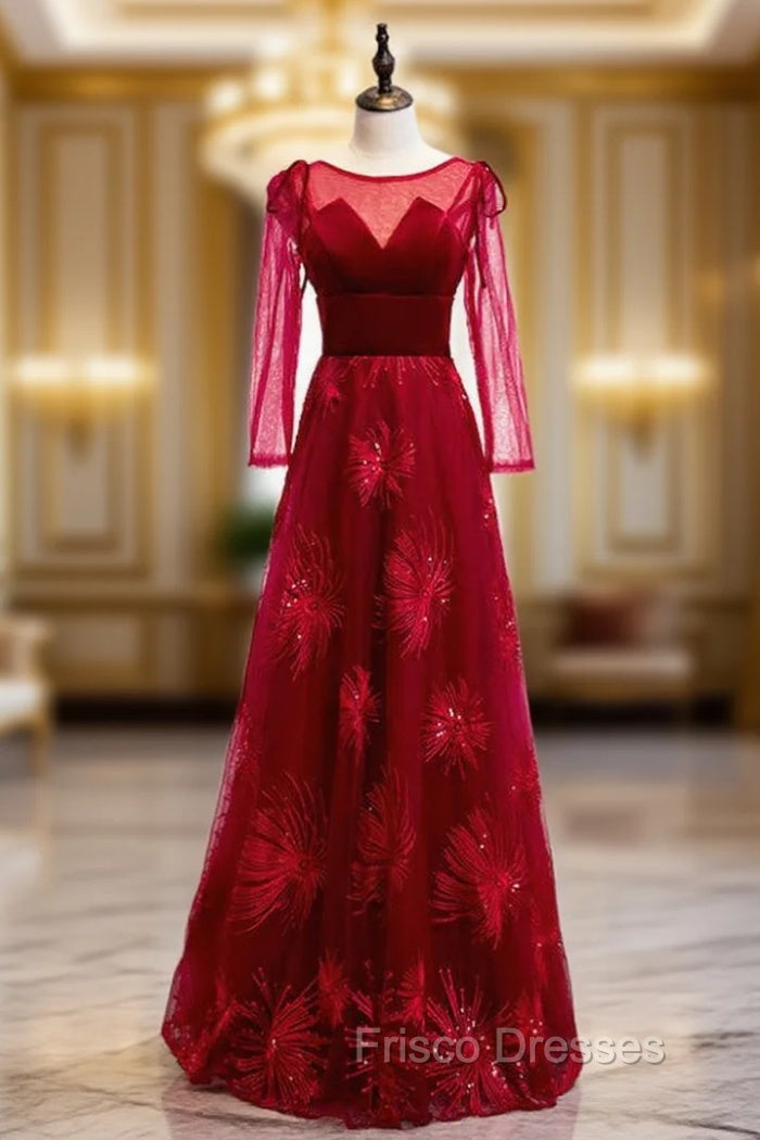 A-Line Burgundy Tulle Velvet Long Sleeve Formal Prom Dress