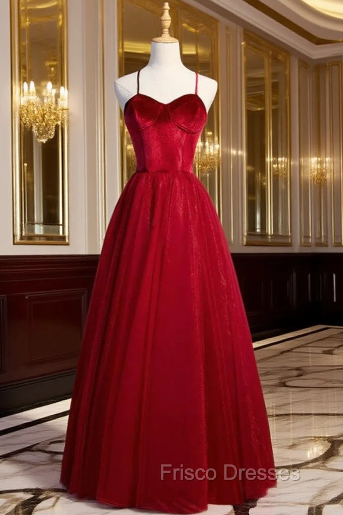 A-Line Burgundy Tulle Velvet Spaghetti Straps Formal Prom Dress