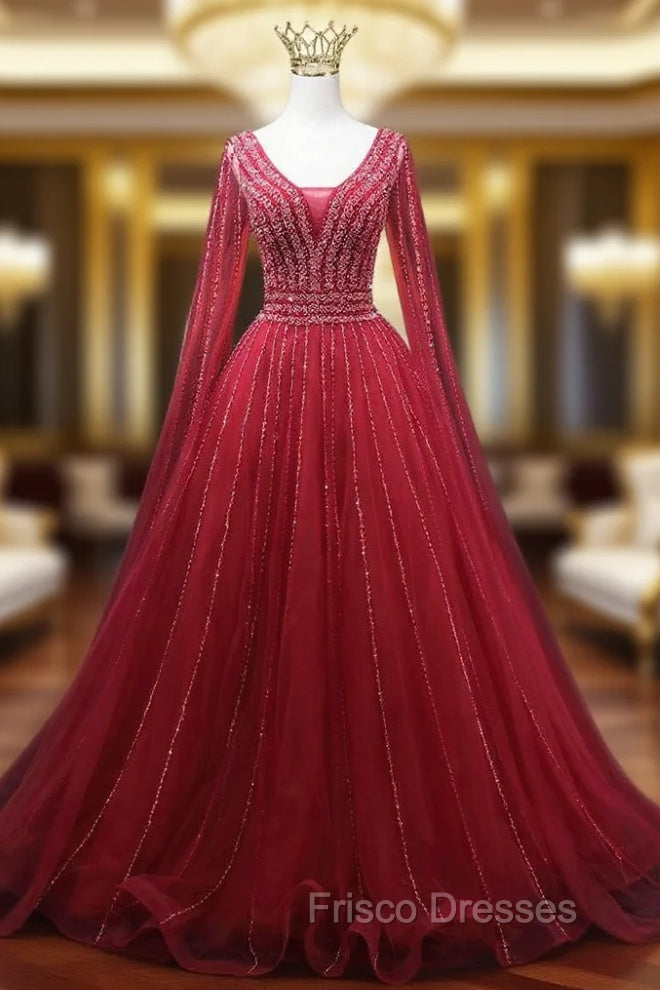 A-line Burgundy V-neck Beading Formal Prom Dress Main image