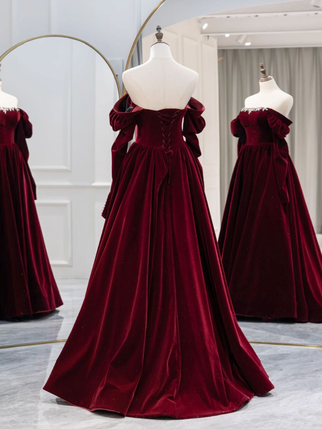 A-Line Burgundy Velvet Long Prom Dress, Burgundy Evening Dresses Secondary image