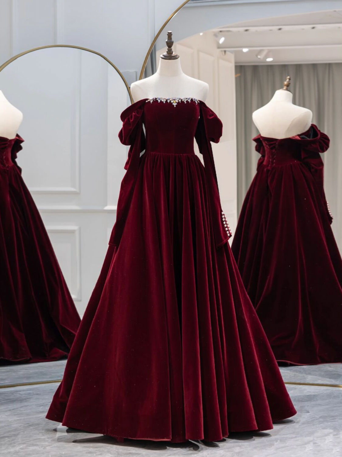 A-Line Burgundy Velvet Long Prom Dress, Burgundy Evening Dresses Main image