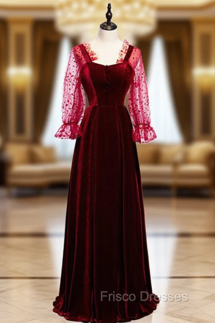 A-Line Burgundy Velvet Long Sleeve Backless Formal Prom Dress