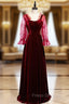 A-Line Burgundy Velvet Long Sleeve Backless Formal Prom Dress