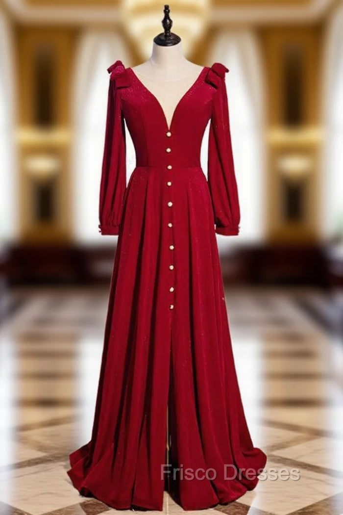 A-Line Burgundy Velvet Long Sleeve Formal Prom Dress With Split