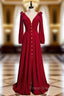 A-Line Burgundy Velvet Long Sleeve Formal Prom Dress With Split