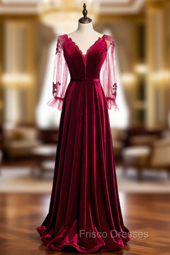 A-Line Burgundy Velvet Long Sleeve V-neck Formal Prom Dress Main image