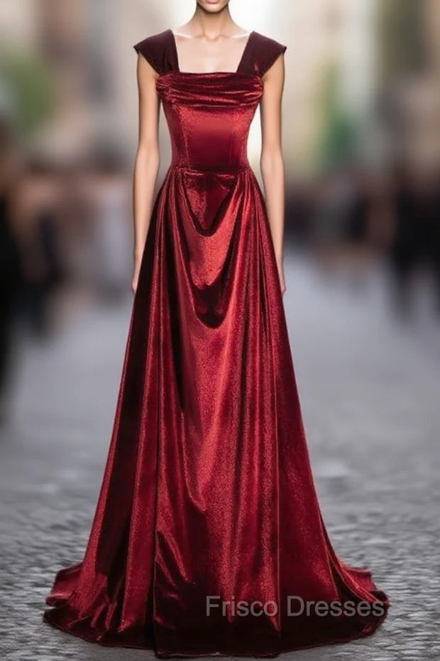 A-Line Burgundy Velvet Off the Shoulder Pleats Formal Prom Dress