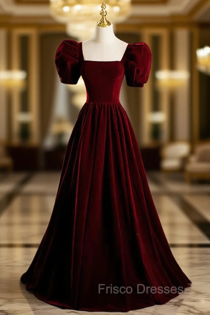 A-Line Burgundy Velvet Puff Sleeve Formal Prom Dress