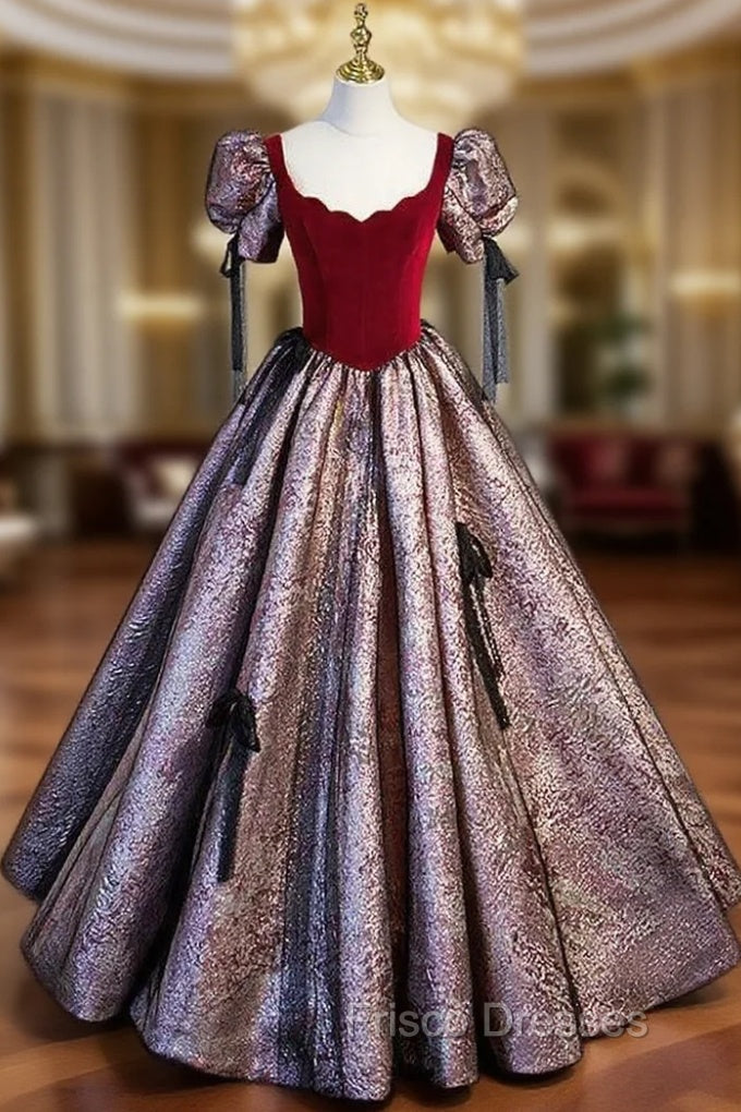 A-Line Burgundy Velvet Short Sleeve Bow Formal Prom Dress Main image