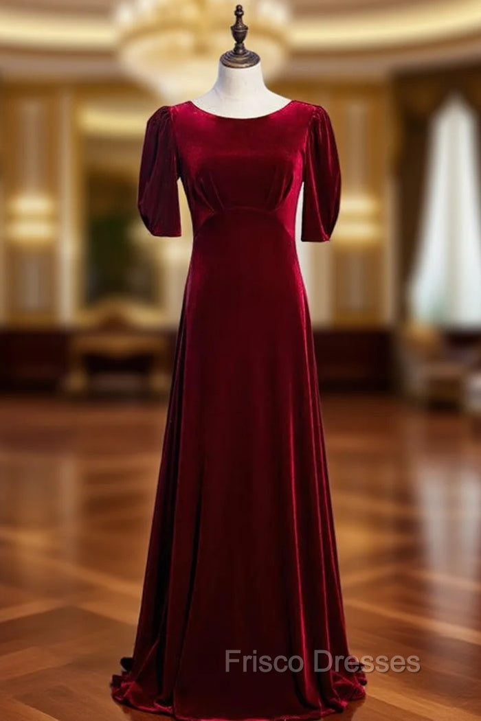 A-Line Burgundy Velvet Short Sleeve Pleats Formal Prom Dress