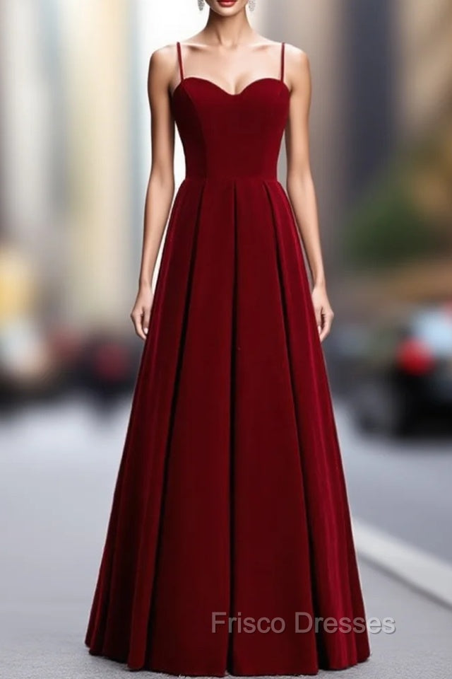 A-Line Burgundy Velvet Spagehtti Straps Pleats Formal Prom Dress