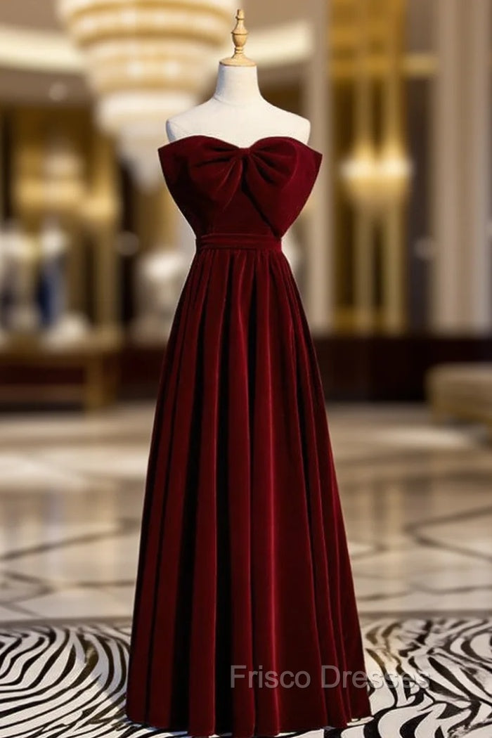 A-Line Burgundy Velvet Strapless Long Formal Prom Dress With Bow Main image