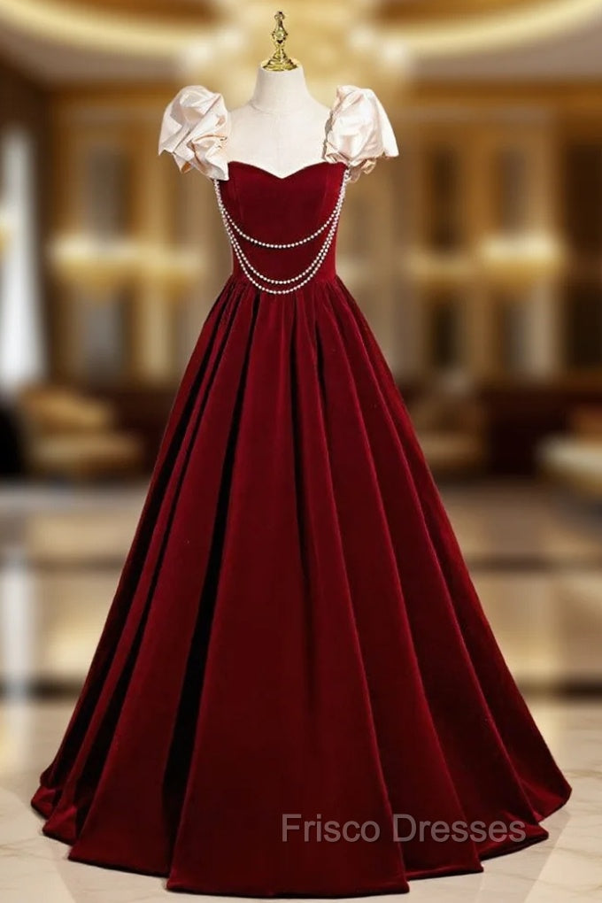 A-Line Burgundy Velvet Straps Pearls Formal Prom Dress