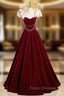 A-Line Burgundy Velvet Straps Pearls Formal Prom Dress