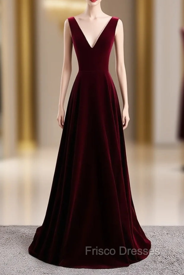 A-Line Burgundy Velvet V-neck Backless Formal Prom Dress Main image