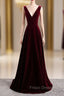 A-Line Burgundy Velvet V-neck Backless Formal Prom Dress