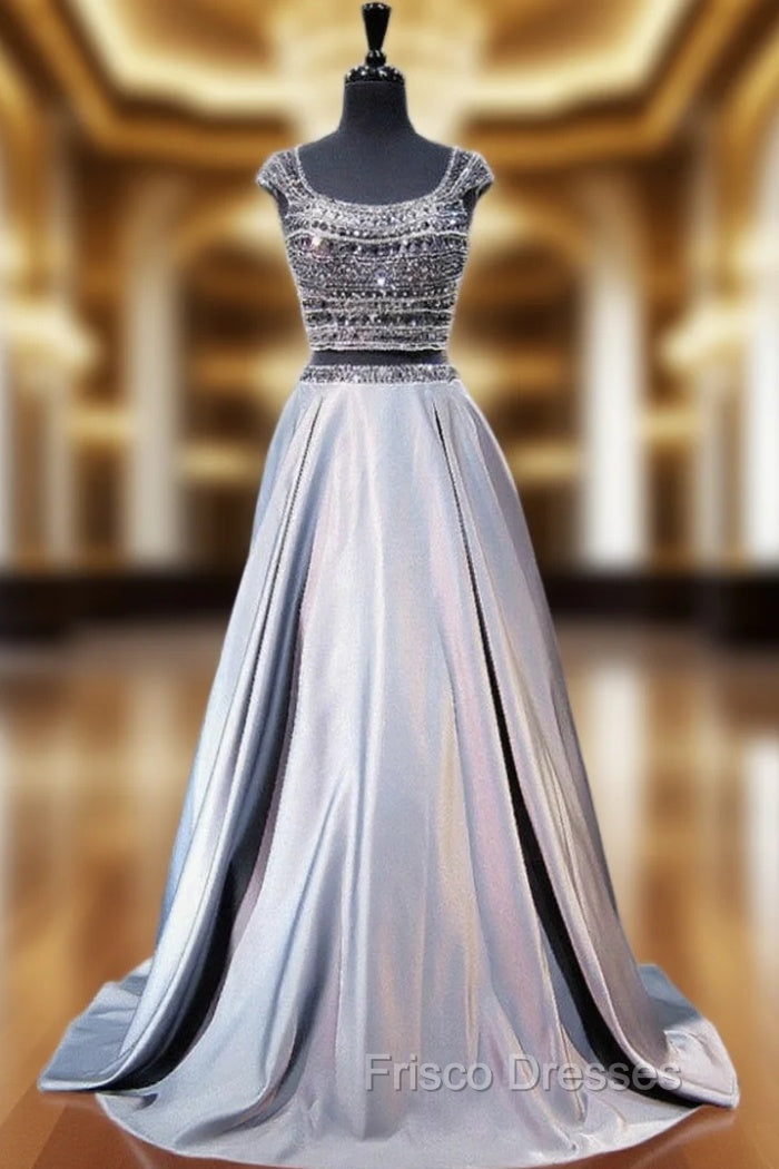 A-line Cap Sleeve Beaded Crystals Grey Backless Two Piece Formal Prom Dress Main image