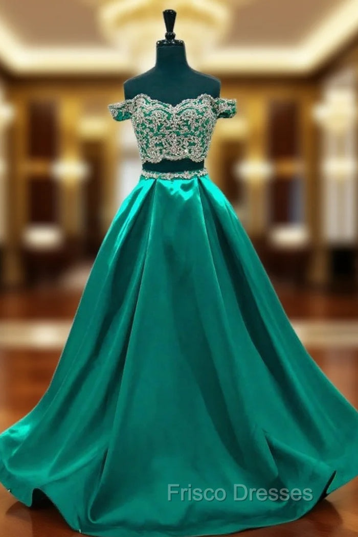 A-line Cap Sleeve Beaded Lace Green Two Piece Formal Prom Dress Main image