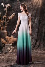 A Line Cap Sleeve Ombre Silk Floor Length Prom Dresses