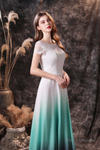 A Line Cap Sleeve Ombre Silk Floor Length Prom Dresses