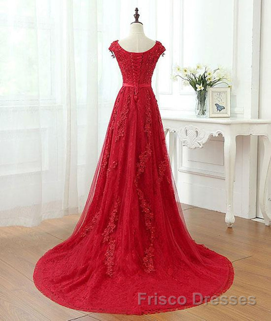 A Line Cap Sleeves Burgundy Lace Long Formal Prom Dresses with Appliques, Burgundy Formal Dresses, Burgundy Evening Dresses