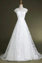 A-Line Cap Sleeves Sweep Train Lace Wedding Dress With Sash