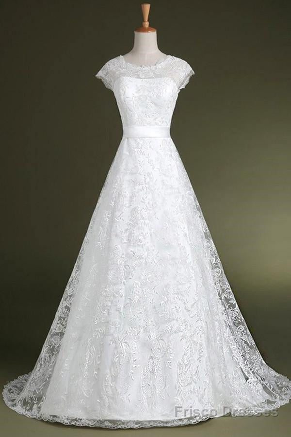 A-Line Cap Sleeves Sweep Train Lace Wedding Dress With Sash