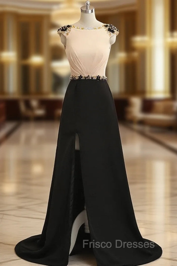 A-Line Champagne Black Cap Sleeve Backless Long Formal Prom Dress Main image