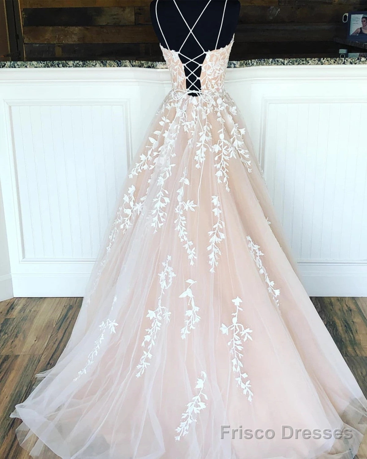 A Line Champagne Lace Wedding Dresses, Champagne Lace Prom Formal Evening Dresses With Corset Back