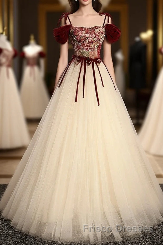 A line  champagne long Formal Prom Dresses, champagne tulle formal evening Dresses Main image