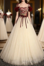 A line  champagne long Formal Prom Dresses, champagne tulle formal evening Dresses