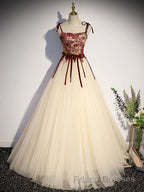 A line  champagne long Formal Prom Dresses, champagne tulle formal evening Dresses