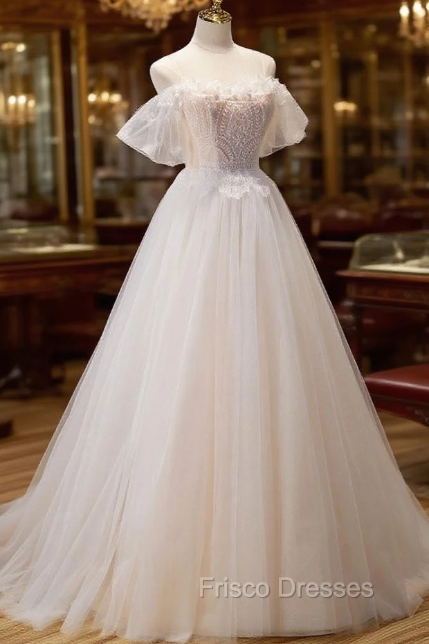 A Line Champagne Long Formal Prom Dress, Lace Champagne Long Formal Dress