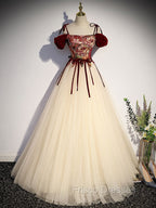 A line Champagne Long Formal Prom Dress, Champagne Formal Gown With Beading Velvet