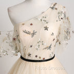 A-line Champagne One Shoulder Formal Prom Dress, Long Party Dress