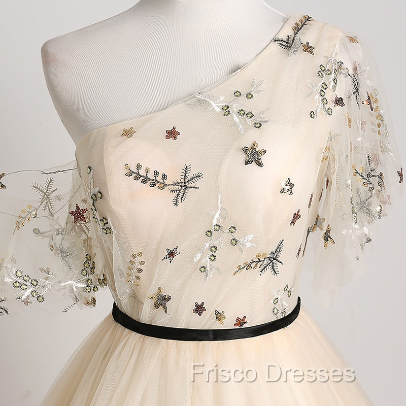 A-line Champagne One Shoulder Formal Prom Dress, Long Party Dress