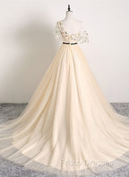 A-line Champagne One Shoulder Formal Prom Dress, Long Party Dress