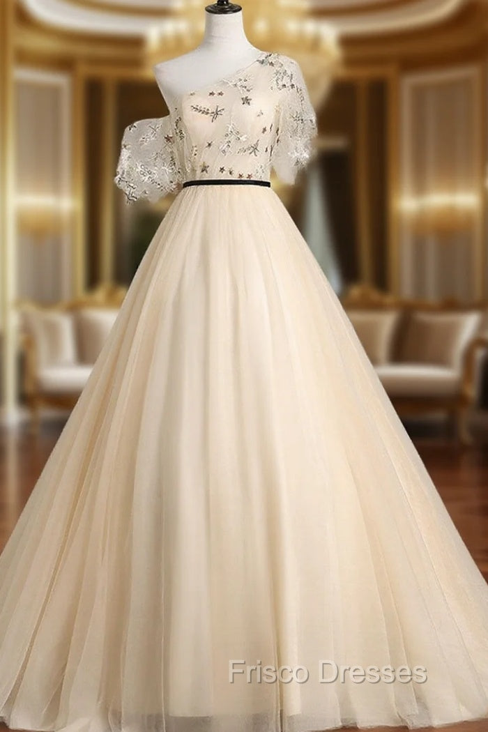 A-line Champagne One Shoulder Formal Prom Dress, Long Party Dress Main image