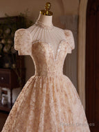 A-Line Champagne Pink Tulle Lace Tea Length Prom Dress With Beads