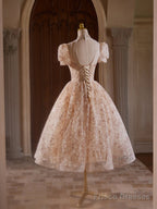 A-Line Champagne Pink Tulle Lace Tea Length Prom Dress With Beads