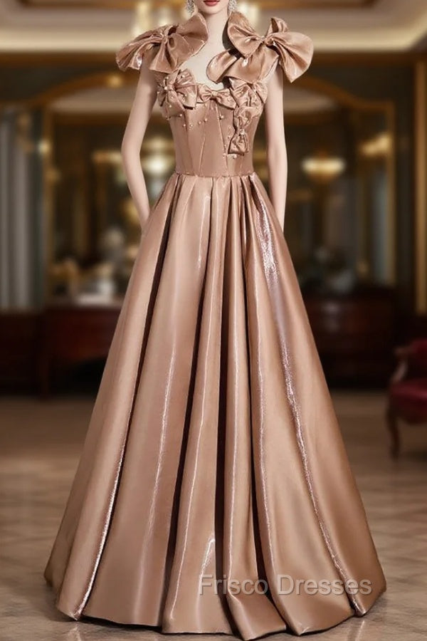 A-line Champagne Satin Bow Formal Prom Dress Main image