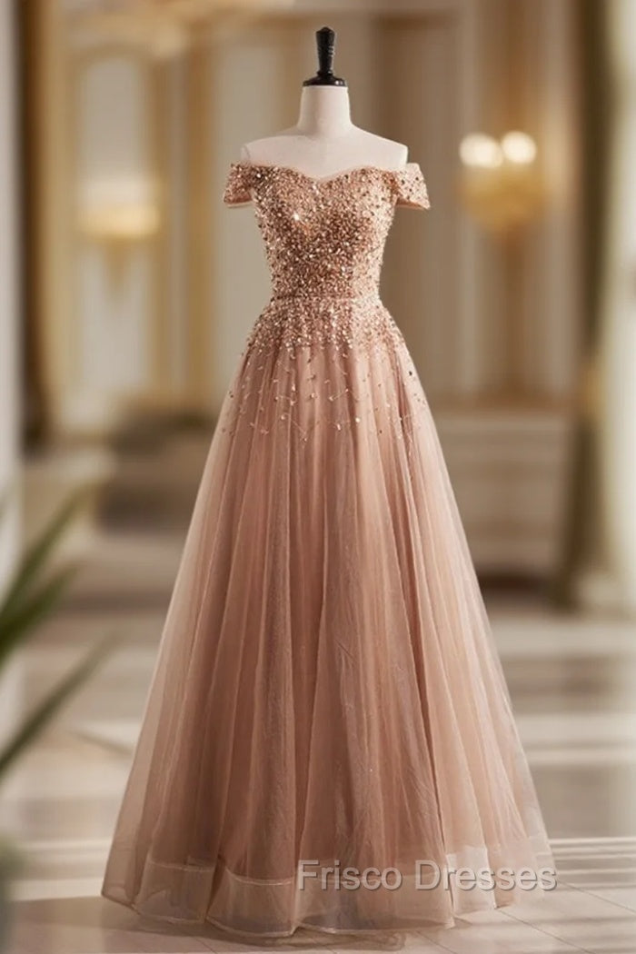 A-Line Champagne Tulle Beading Sequins Formal Prom Dress Main image