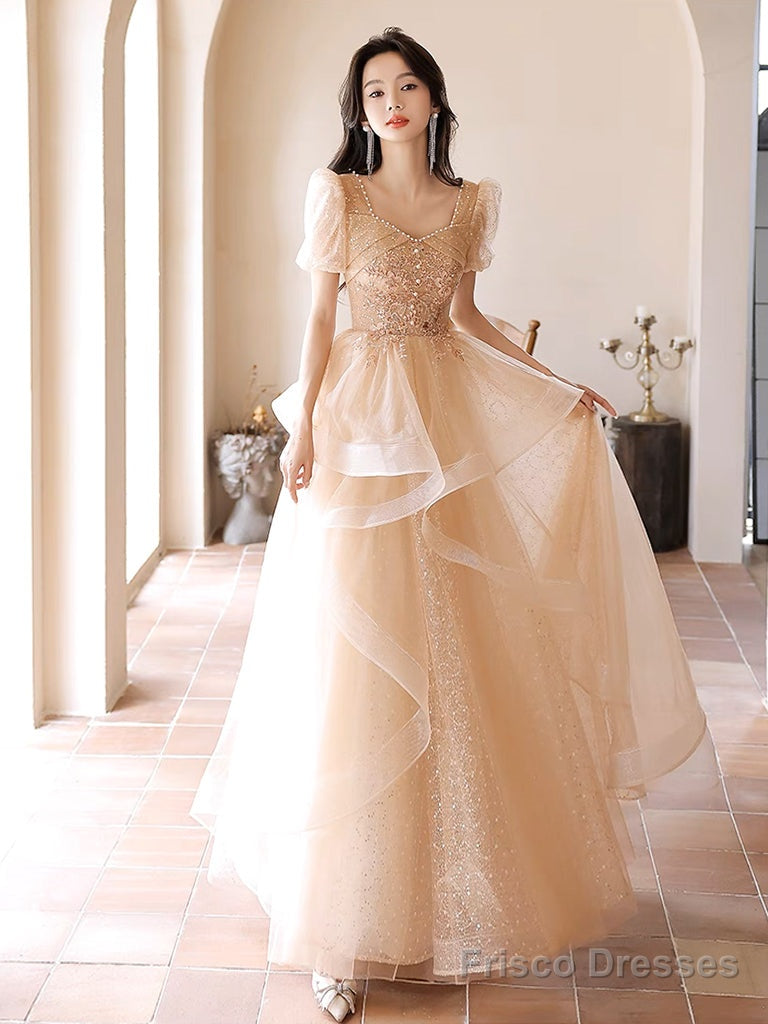 A-Line Champagne Tulle Lace Long Prom Dress, Champagne Long Formal Dress Main image
