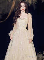 A-Line Champagne Tulle Long Evening Dress Party Dress, Champagne Prom Dress