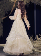 A-Line Champagne Tulle Long Evening Dress Party Dress, Champagne Prom Dress